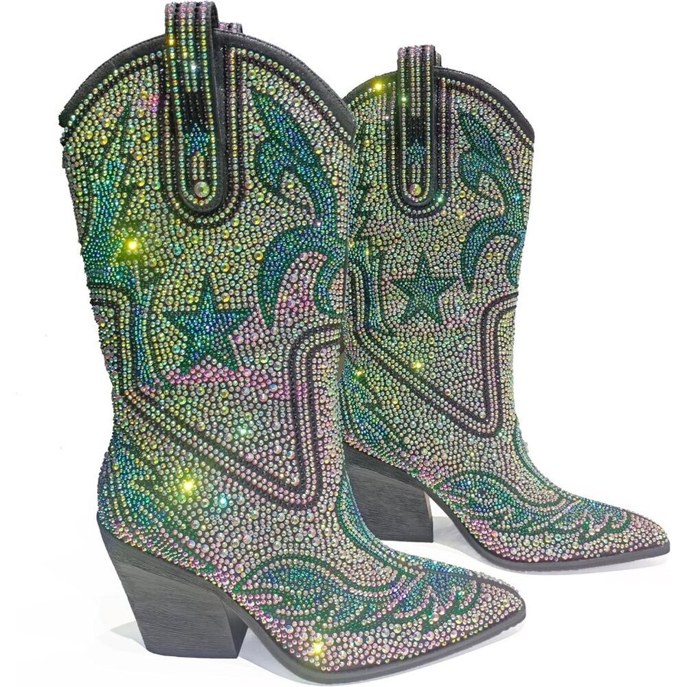 Women's Blue-green Multi-color Patterned Rhinestone Western Cowboy Mid-calf Boot